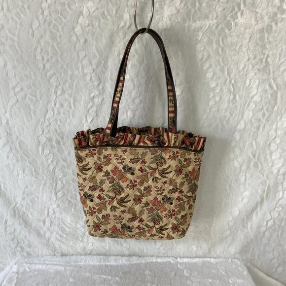 Longaberger Fall Print Tote Shoulder Handbag Beige Autumn Ruffle Top Vintage - Picture 2 of 8